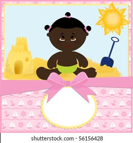 Blank template for baby's greetings card or postcard with sand castle (EPS10)
