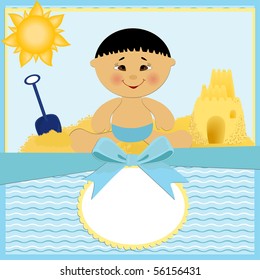 Blank template for baby's greetings card or postcard with sand castle (EPS10)