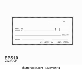 Blank template of the bank check. Checkbook cheque page with empty fields to fill