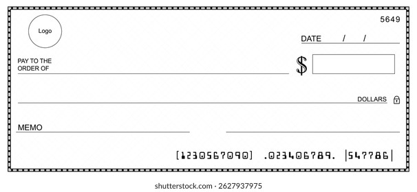 Blank template of the bank check. Checkbook cheque page with empty fields to fill. EPS vector illustration