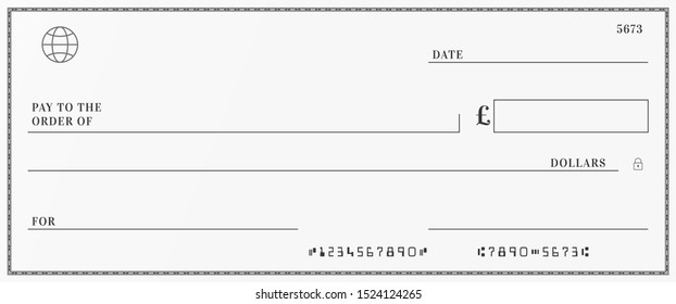 Blank template of the bank cheque. Checkbook check page with an empty fields to fill