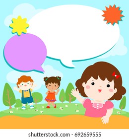 Blank template character smiley kid vector illustration. Ready for your message. Children on the yard with colorful cartoon.