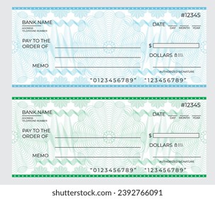 Blank template of the Checkbook cheque page with empty fields to fill in blue and green colors 
