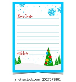 Blank template for Christmas letter or wish list with decorated Christmas trees and snowflakes. Ready to print vector illustration for children to fill out and send to Santa Claus.