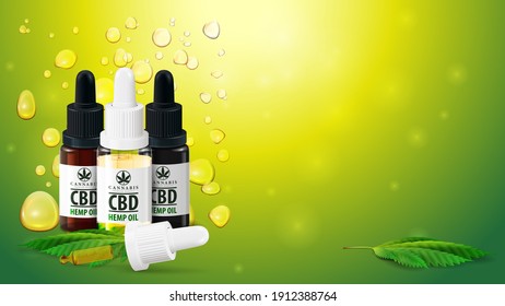 Plantilla en blanco con espacio para copiar, botellas de aceite del CBD con pipeta y hojas de marihuana sobre fondo verde borroso con burbujas de oro de aceite de Cannabis.