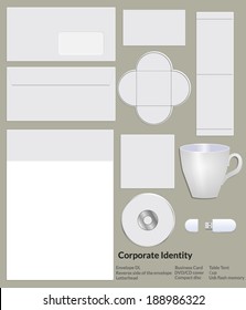 Blank Template Corporate Identity. Includes Several Elements: An Envelope, Reverse Side Of The Envelope, Letterhead, Business Card, Cover Disc, Cd, Cup, Flash Drive. Vector Illustration.