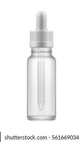 Blank template of empty transparent glass bottle with dropper. Realistic 3d mock-up container for liquid medical drug. Icon of pack for medicine product. Vector illustrations isolated on white