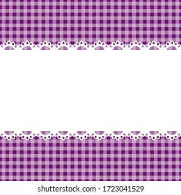 leere Vorlage, Layout: weißer Spitzenstreifen auf violettem, kariertem Hintergrund, Vektorgrafik. Platz für Text. süße abstrakte Hintergrund, karierte Tischdecke, plaid.