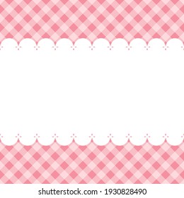 blank template, layout: white lace stripe on pink checkered background, vector flat illustration. space for text. cute abstract backdrop, checkered tablecloth, plaid.