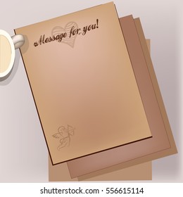 Blank template for letters love retro blank page for love letters with a cup of coffee and heart and cupid, vector, message to you, old paper sheet, Greeting card with space for text