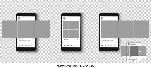 Blank template, mock-up page of social media mobile app. Post, history. Tape of photos. Page interface design. Vector illustration.
