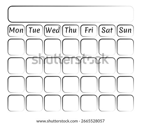 Blank template month calendar with copy space without dates. Vector isolated mockup with lines in flat style. Possibility to add dates and notes. Four weeks of any month of each year.