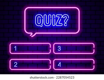 Blank template neon for questions and answers. Quiz, TV show, exam. Vector illustration.