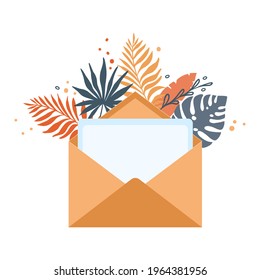 Blank template of open beige envelope with empty sheet. Envelope with tropical leaves. Vector template for invitation or greeting card