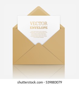 Blank Template Of Open Beige Envelope With Empty Sheet. Vector Realistic Mockup For Letter Or Invitation Card. Symbol Of Postal Message, Post Mail, Email Or Business Document. Icon Isolated.