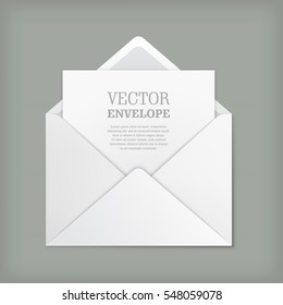 Blank Template Of Open White Envelope With Empty Sheet. Vector Realistic Mockup For Letter Or Invitation Card. Symbol Of Postal Message, Post Mail, Email Or Business Document. Icon Isolated.