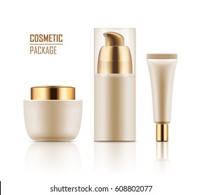 Blank template of packages for cosmetic. Set of empty realistic plastic containers with gold caps: body cream jar, tube, foam with dispenser. Vector mockup of package on white background.