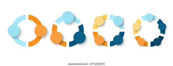 Blank template of pie chart divided into three, four and five parts isolated on white background