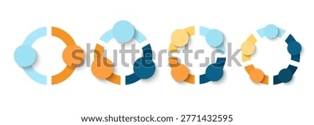 Blank template of pie chart divided into three, four and five parts isolated on white background