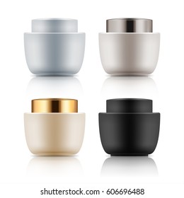 Blank template plastic jar for skin care cream, powder or gel, treatment mask. Mock-up of luxury cosmetic package. Set with white, black, beige containers isolated vector illustration.