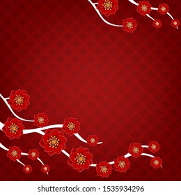 Blank template with red floral background blooming flowers branch on bright red backdrop for Chinese new year greeting card.