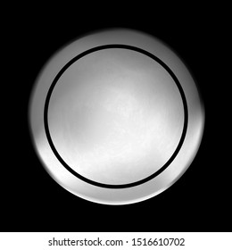 Blank template of round metal disk. Button with steel texture isolated on black background. Metallic rough textured technological icon. Realistic engineering object with frame. Vector illustration.