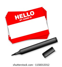 Blank template tag my name is. Red color blank stickers white label with marker isolated on white background. Vector illustration.