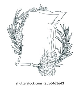 Blank template for text from craft sheets decorated with pine branches and cedar cones. Line art is a simple hand-drawn illustration in black and white ink. Composition template vector EPS