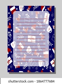 Blank template for to-do list and notes. Festive to-do list on Christmas background. For scrapbooking, aluoms and diaries. Vector illustration.