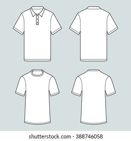 Blank template of t-shirts and polo shirts whith short sleeve. Isolated contour image with white fill. Front and back side of cloth. Vector illustration. Model for fashion designers. Modern wear style