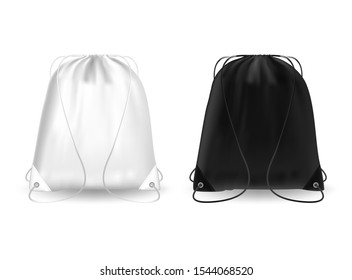 Blank template white and black backpack with ropes. Sport bag, school, gym and fitness pouch 3D realistic mockup on white background.