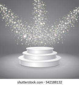 Blank template of white empty musical, concert podium 3d illustration with stars light effect