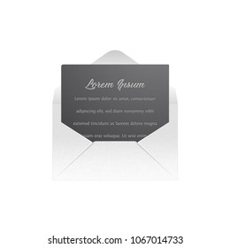 Blank template of white paper envelope with empty black sheet. Vector mockup open envelope for letter. Symbol of message, mail, email or business document. Realistic icon isolated on white background.