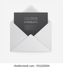 Blank Template Of White Paper Envelope With Empty Black Sheet. Vector Mockup Open Envelope For Letter. Symbol Of Message, Mail, Email Or Business Document. Realistic Icon Isolated On White Background.