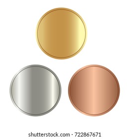 Blank templates for coins or medals with metal texture.  Gold, silver, bronze, isolated on white background. vector