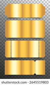 Blank templates of golden ticket, golden pass or coupon on transparent background. For festival, cinema, theater, party, casino, circus, event invitation