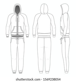 Blank templates of man raglan zipper hoodie and pants in front, back and side views. Vector illustration. Isolated on white background. 