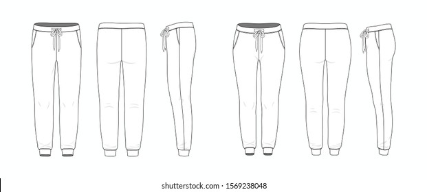 Blank templates of man and woman pants in front, back and side views. Vector illustration. Isolated on white background. 