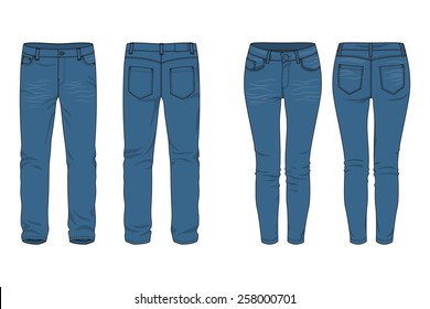 Blank templates of men's and women's jeans in front, back and side views. Isolated on white. Casual style. Vector illustration for your fashion design. 