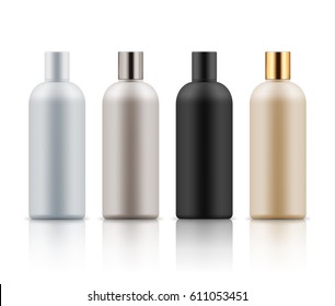 Blank templates of realistic plastic bottles for hair shampoo, milk, gel or body lotion. Container for liquid cosmetic product. White, black, beige and golden package. Illustration isolated on white.