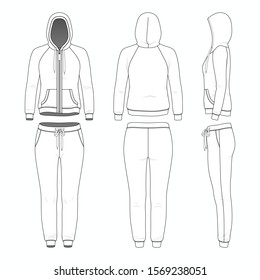 Blank templates of woman raglan zipper hoodie and pants in front, back and side views. Vector illustration. Isolated on white background. 