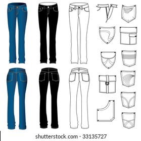 Blank templates of women's jeans in front, back and side views. Vector denim pants Isolated on white.