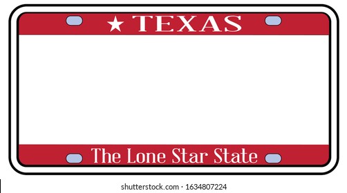 Blank Texas state license plate in the colors of the state flag with icons over a white background