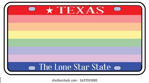 Blank Texas state license plate in the colors of the state flag with LGBT rainbow over a white background