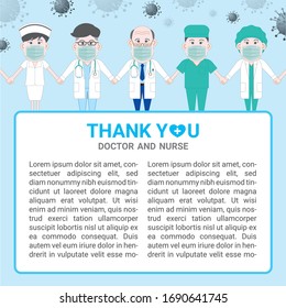 Blank text box. Asian professor senior doctor man doctor woman nurse surgical doctor wear surgical medical mask hand in hand human wall fight together for protection. Cartoon style protection concept