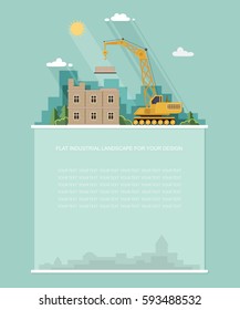 Blank for text. Home construction. Equipment heavy lifting crane on the background of the city. Flat vector Infographics design