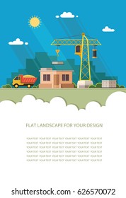 Blank for text. Home construction. Equipment heavy lifting crane on the background of the city. Flat vector Infographics design
