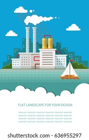 Blank for text. Industrial factory illustration. Plant  in urban style Building. Flat graphic landscape with industry. Vector icon for design