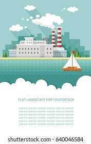 Blank for text. Industrial factory illustration. Plant  in urban style Building. Flat graphic landscape with industry. Vector icon for design