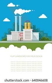 Blank for text. Industrial factory illustration. Plant  in urban style Building. Flat graphic landscape with industry. Vector icon for design